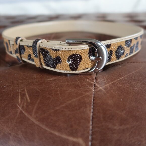 Unisex leopard print genuine stingray and leather belt silver buckle 32 - 35\